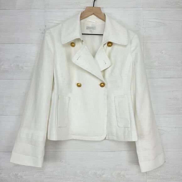Garnet Hill Linen Cropped Trench Jacket 10 Petite White Preppy Double Breasted - Picture 1 of 15